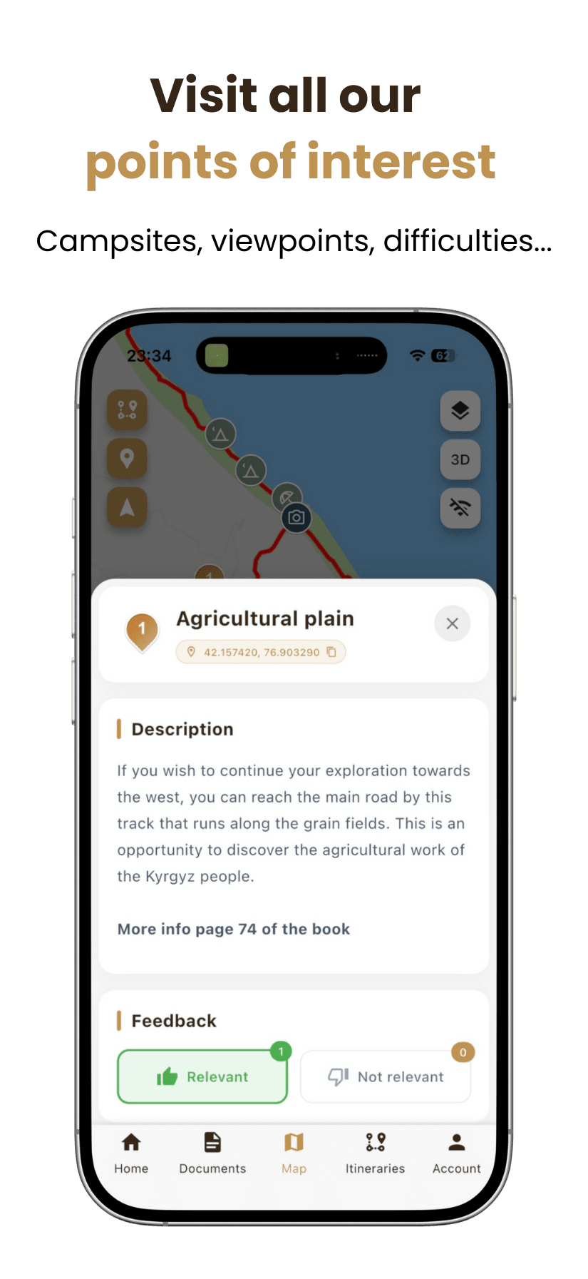 A smartphone displays a travel app in French, highlighting a point of interest called plaine agricole with a description, coordinates, feedback buttons and navigation icons at the bottom of the screen.