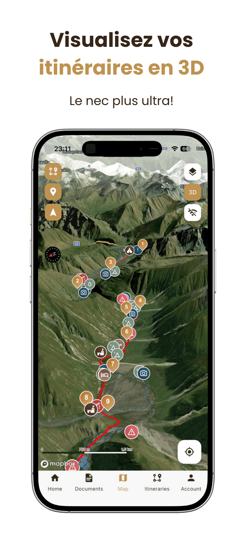 2 Un smartphone affiche une carte topographique en 3D avec un itinéraire de randonnée balisé, diverses icônes pour les points d'intérêt, et un texte en français au-dessus indiquant Visualisez vos itinéraires en 3D et Le nec plus ultra !.