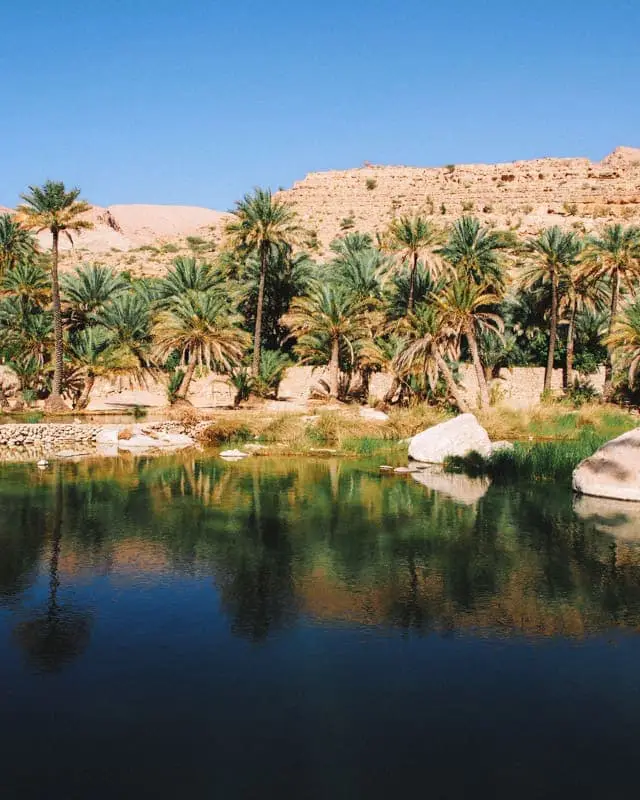 wadi Bani Khalid reflection palm trees oman