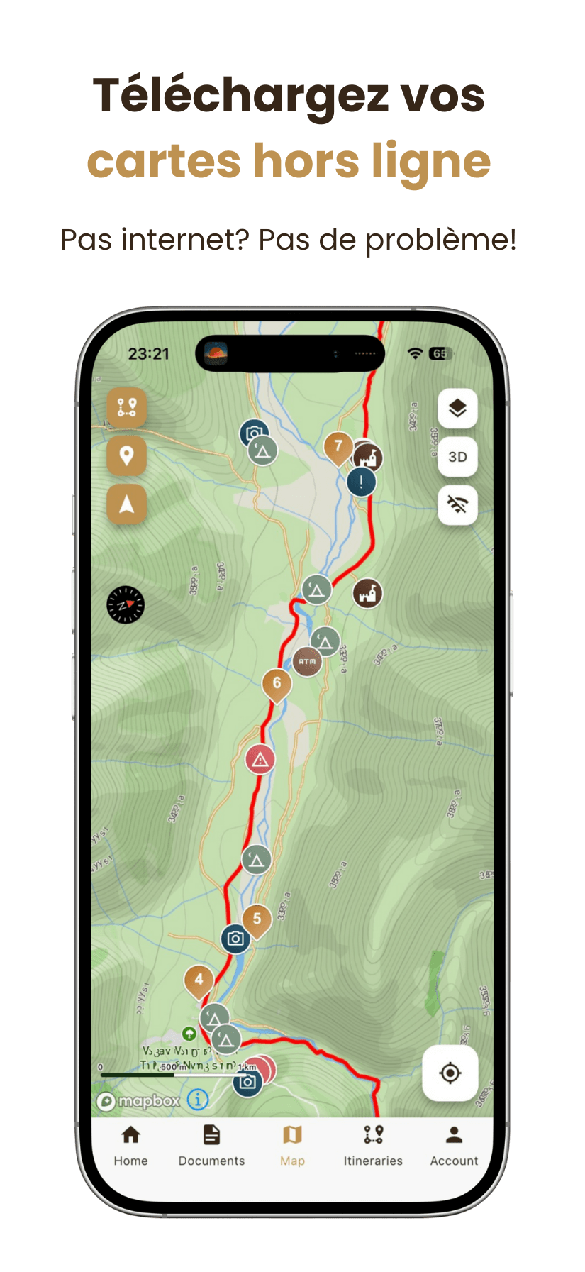 3 Un smartphone affiche une carte topographique de randonnée en français, montrant des sentiers avec des icônes pour les campings, les points d'intérêt et les équipements. Le texte au-dessus indique : "Téléchargez vos cartes hors ligne". Pas d'internet ? Pas de problème !.