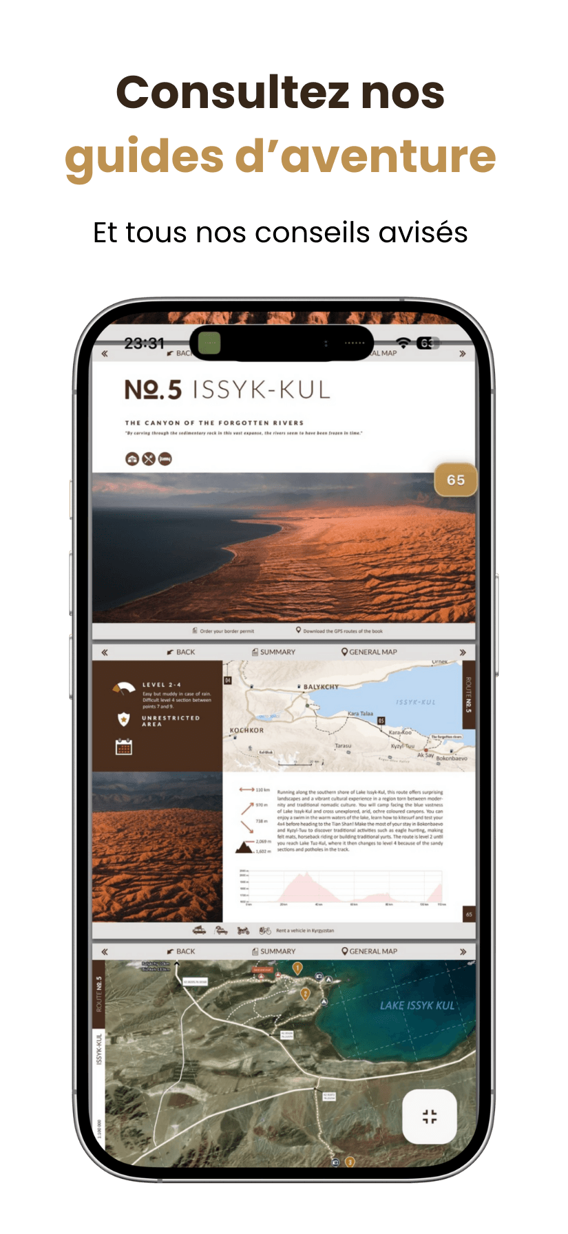 4 Écran d'un smartphone affichant un guide d'aventure français pour Issyk-Kul, avec du texte, des cartes, des graphiques et des photos d'un lac et d'un paysage. L'en-tête indique Consultez nos guides d'aventure.