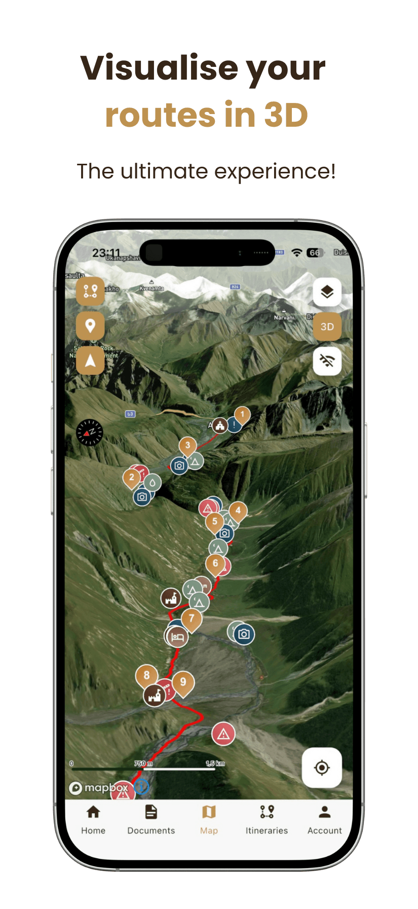 A smartphone displays a 3D topographical map with a signposted hiking route, various icons for points of interest, and French text above saying Visualisez vos itinéraires en 3D et Le nec plus ultra!