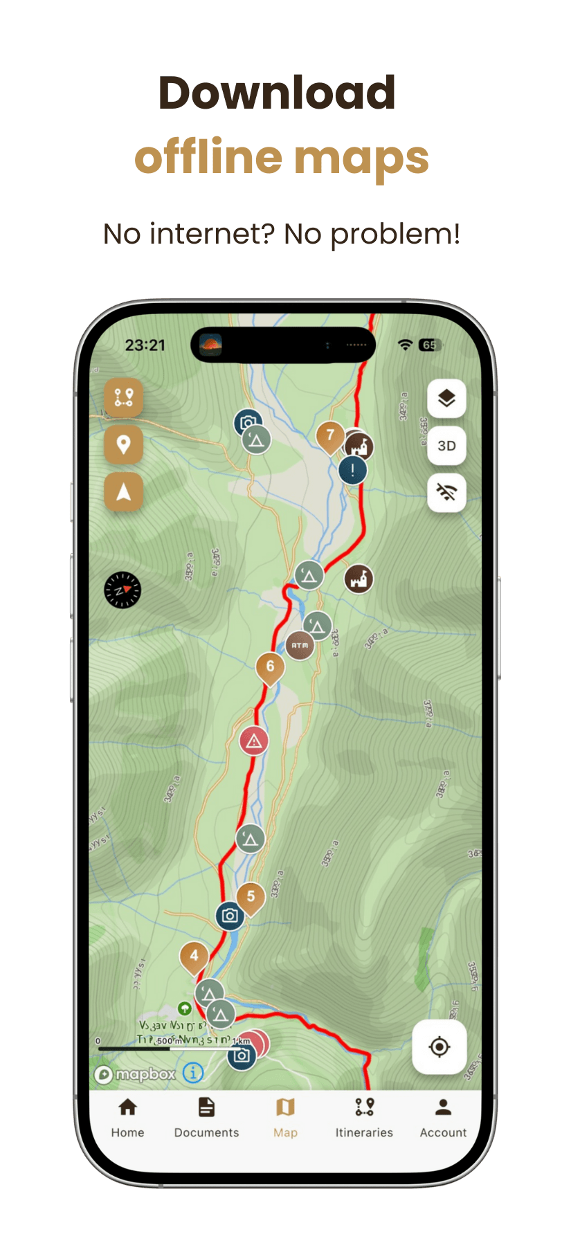 A smartphone displays a topographical hiking map in French, showing trails with icons for campsites, points of interest and facilities. The text above it reads: "Download your cards offline". No Internet? No problem.