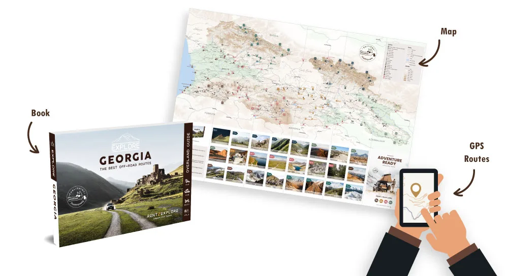 Der komplette Reiseführer, um Georgien abseits der üblichen Touristenpfade zu entdecken: Reiseführer, Touristenkarte und GPS-Tracks.