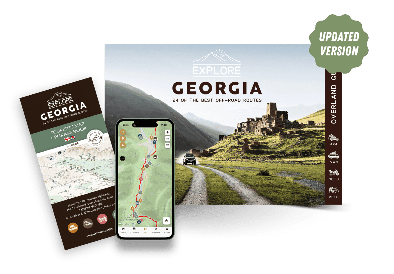 Tourist guide for Georgia consisting of a booklet, a brochure with a map and a smartphone displaying a map. The main booklet shows a picturesque Georgian landscape with mountains and ancient ruins. A Revised Version badge can be found in the top right-hand corner.