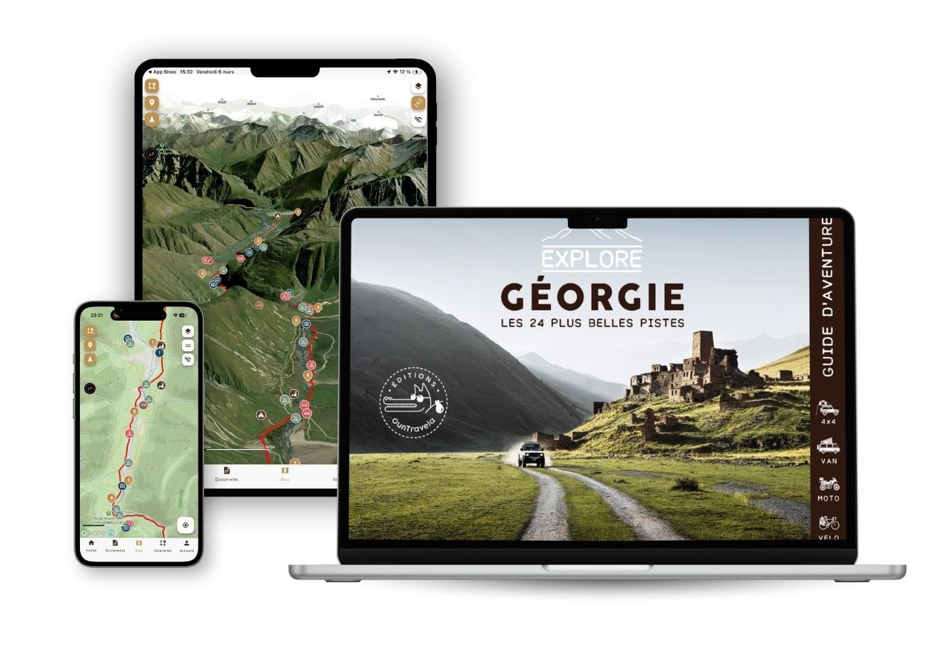 GE-FR-app-ebook Un smartphone, une tablette et un ordinateur portable affichent des cartes et un guide de voyage pour explorer les sentiers hors route en Géorgie, avec un terrain montagneux et un paysage rural pittoresque avec des ruines.