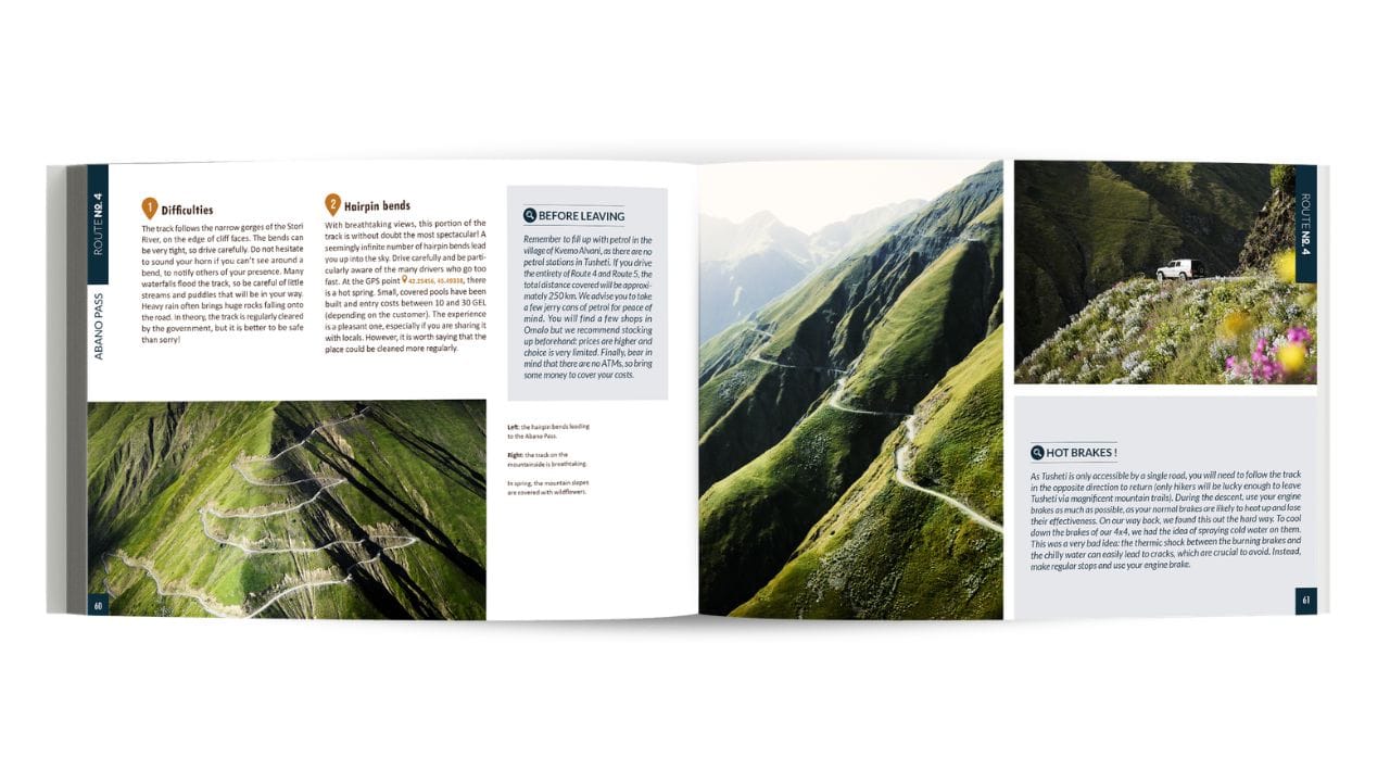 A photo book shows winding roads over green mountains, with a white vehicle parked at the top of a hill. The pages feature blocks of text and several picturesque landscapes of winding mountain roads.