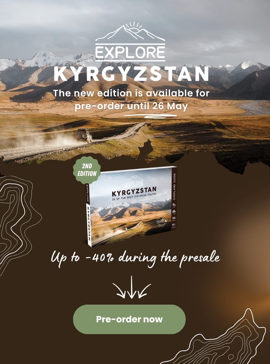 A promotional poster for an Explore Kyrgyzstan travel guide features a mountain landscape, book cover and text offering up to 40% off pre-orders until May 26. A green "Preorder" button appears at the bottom of the display.
