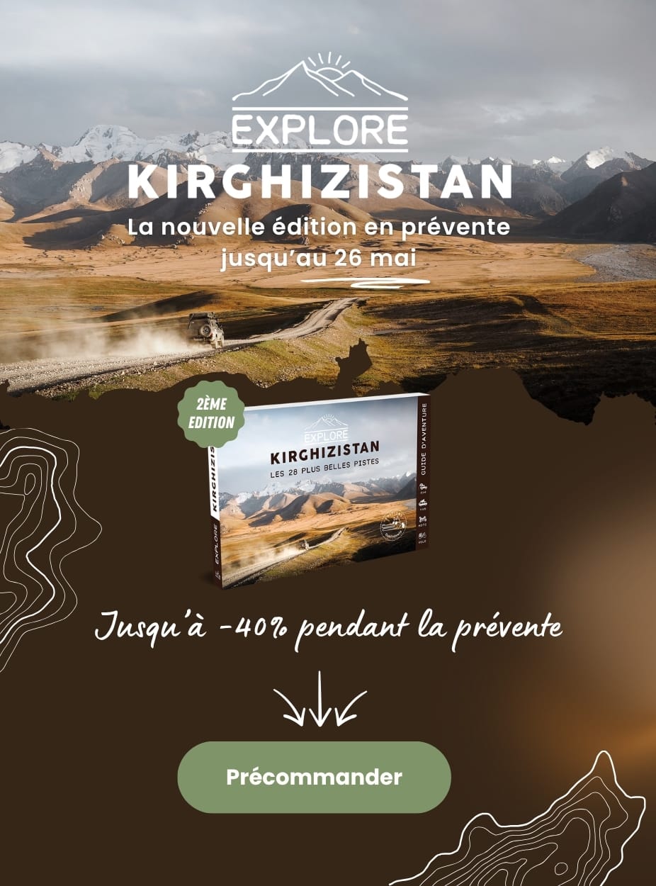 Une affiche promotionnelle pour un guide de voyage Explore Kirghizistan présente un paysage de montagne, une couverture de livre et un texte offrant jusqu'à 40 % de réduction sur les précommandes jusqu'au 26 mai. Un bouton vert "Précommander" se trouve en bas de l'affiche.