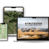 Three devices display land navigation apps: a smartphone and a tablet show detailed maps with off-road routes, and a laptop screen displays a picturesque landscape entitled KYRGYZSTAN: 28 of the Best Off-Road Routes.
