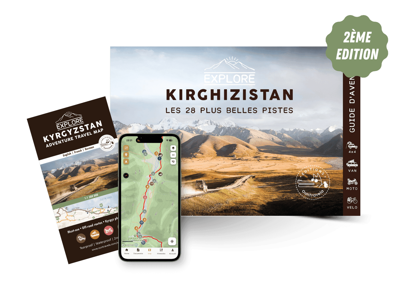 Guides de voyage et carte du Kirghizistan, comprenant un livret, une carte affichée sur un smartphone, et un livre de photos de paysages avec "KIRGHIZISTAN LES 28 PLUS BELLES PISTES" et un badge de 2ème édition.