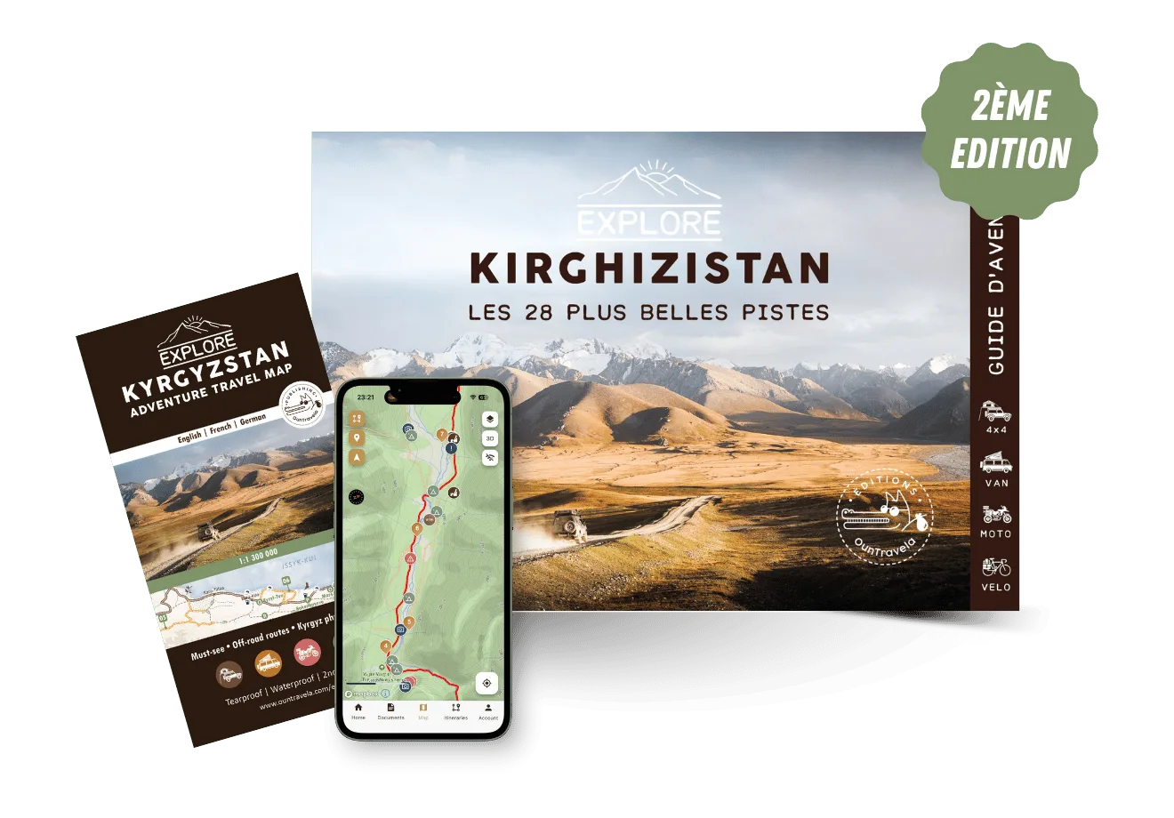 KG-FR-2eme-edition Guides de voyage et carte du Kirghizistan, comprenant un livret, une carte affichée sur un smartphone, et un livre de photos de paysages avec "KIRGHIZISTAN LES 28 PLUS BELLES PISTES" et un badge de 2ème édition.