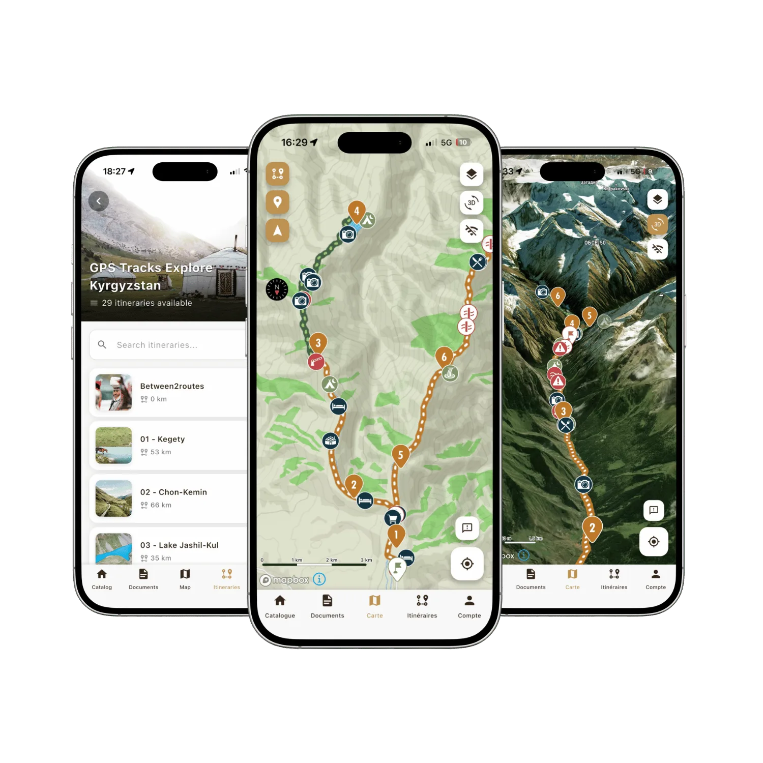 Traces GPS Kirghizistan, avec cartes topographiques détaillées, images satellite 3D, des itinéraires 4x4, moto, vélo parfaits pour explorer le Kirghizistan à l'aide d'une navigation GPS détaillée.