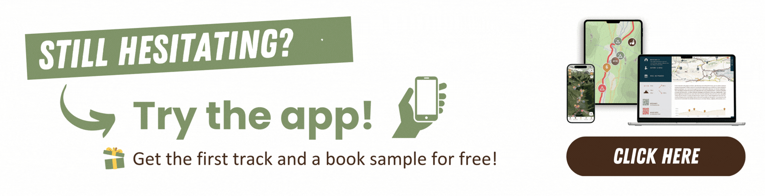 Banner in French with text: INDÉCIS ? Test the App! The first track and a free sample of the book! Icons of a cell phone and a gift. On the right, screenshots show a map on a phone, tablet and laptop. The button says CLICK HERE!