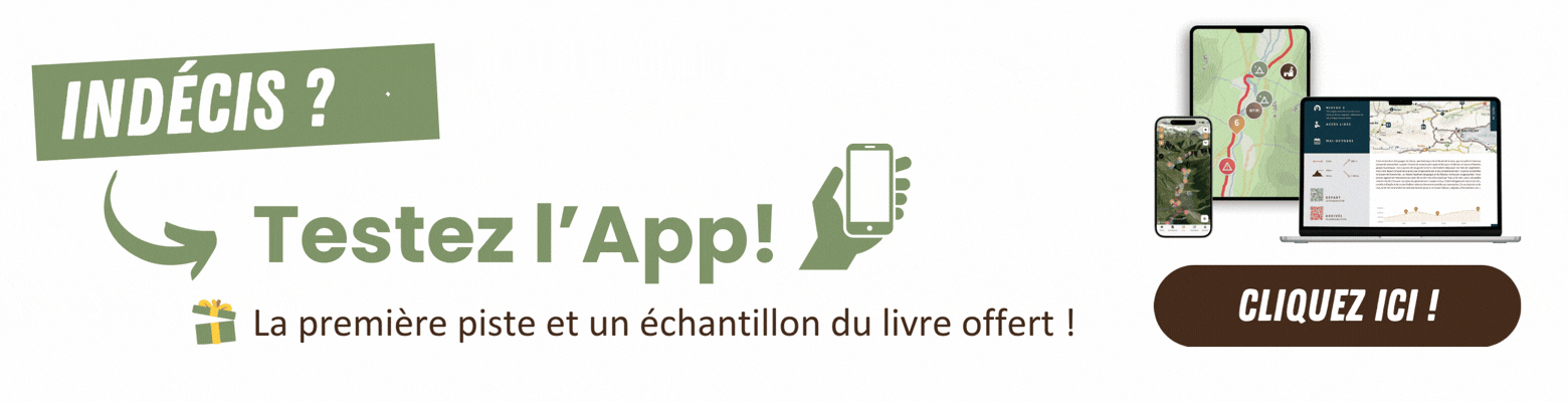 Bannière en français avec texte : INDÉCIS ? Testez l'App ! La première piste et un échantillon du livre offert ! Icônes d'un téléphone portable et d'un cadeau. À droite, des captures d'écran montrent une carte sur un téléphone, une tablette et un ordinateur portable. Le bouton indique CLIQUEZ ICI !.