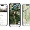 Trois smartphones affichent une application de randonnée montrant des traces GPS au Kirghizstan, avec des listes d'itinéraires et des cartes topographiques détaillées indiquant les sentiers et diverses icônes pour les points d'intérêt.