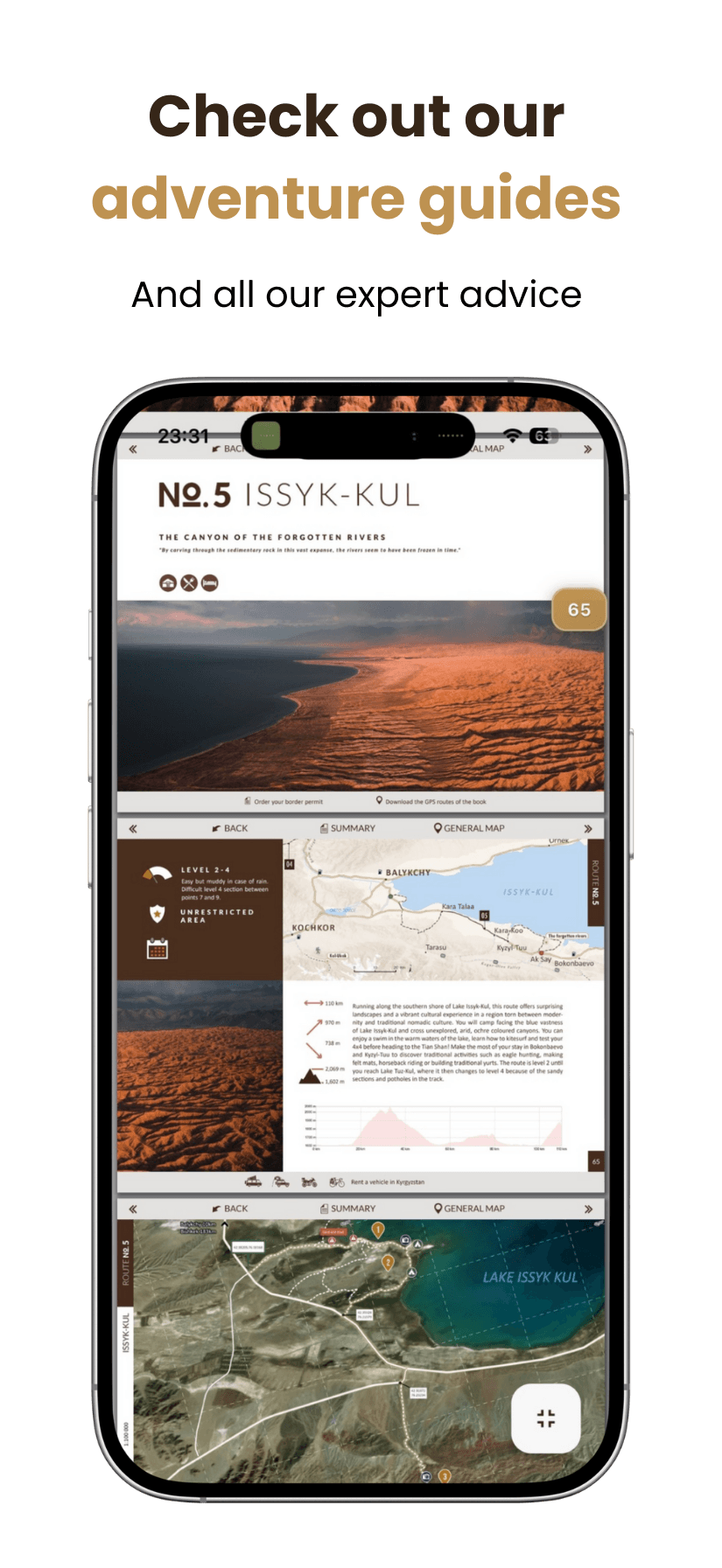 Smartphone screen displaying a French adventure guide for Issyk-Kul, with text, maps, graphics and photos of a lake and landscape. The header reads Consult our adventure guides.