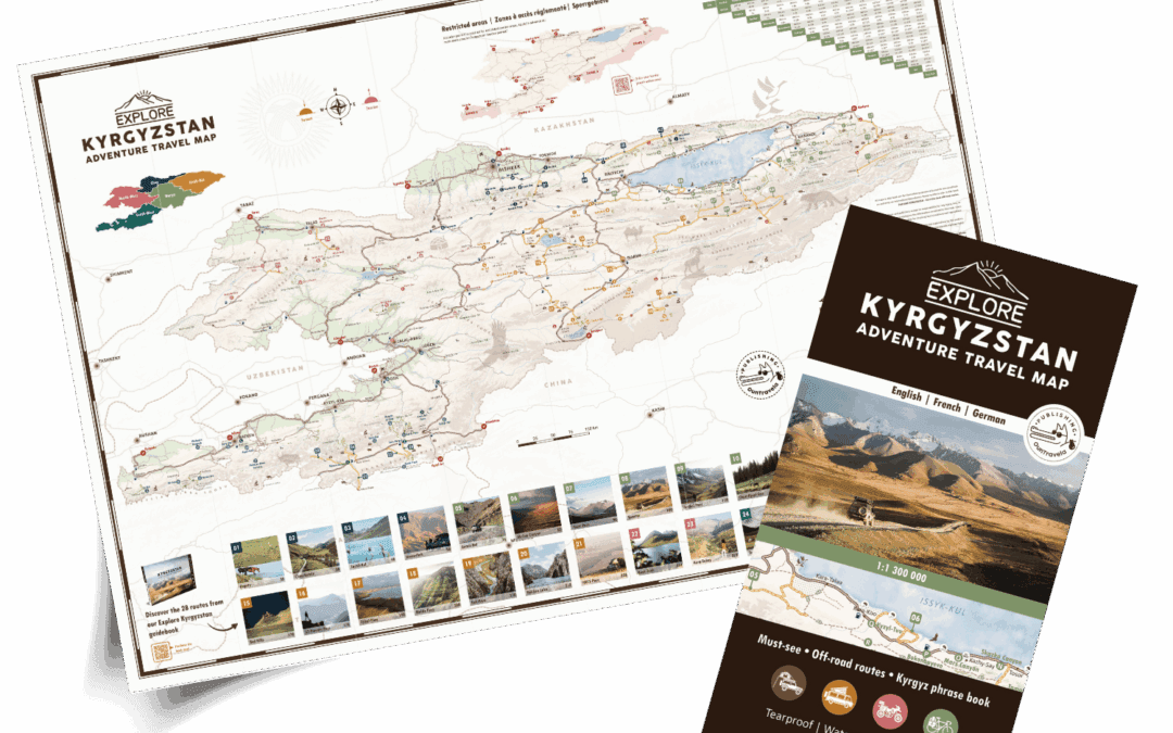La Carte touristique du Kirghizistan comprend une carte de voyage d'aventure illustrée avec des itinéraires pittoresques et des photos, ainsi qu'une brochure de voyage assortie présentant des paysages époustouflants et des informations essentielles sur le voyage.