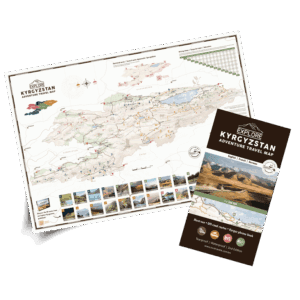 La Carte touristique du Kirghizistan comprend une carte de voyage d'aventure illustrée avec des itinéraires pittoresques et des photos, ainsi qu'une brochure de voyage assortie présentant des paysages époustouflants et des informations essentielles sur le voyage.