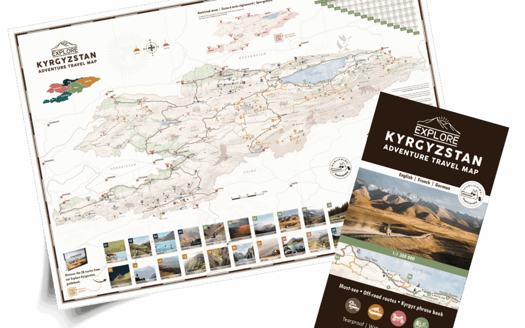 La carte touristique du Kirghizistan présente des itinéraires et des sites de voyage d'aventure, avec des illustrations détaillées et un guide plié avec des photos de paysages, intitulé Explore Kyrgyzstan Adventure Travel Map (carte de voyage d'aventure du Kirghizistan).