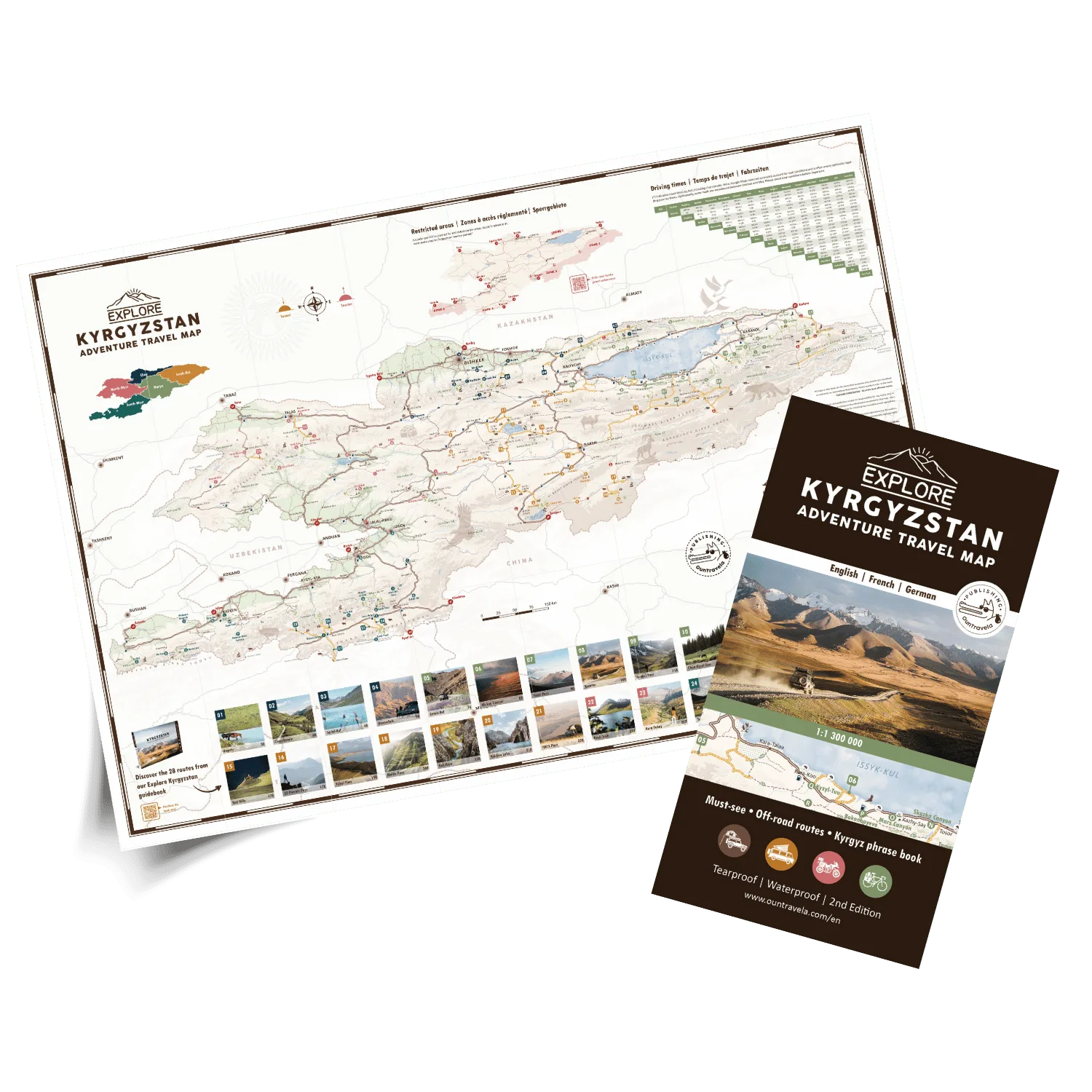 La carte touristique du Kirghizistan présente des itinéraires et des sites de voyage d'aventure, avec des illustrations détaillées et un guide plié avec des photos de paysages, intitulé Explore Kyrgyzstan Adventure Travel Map (carte de voyage d'aventure du Kirghizistan).