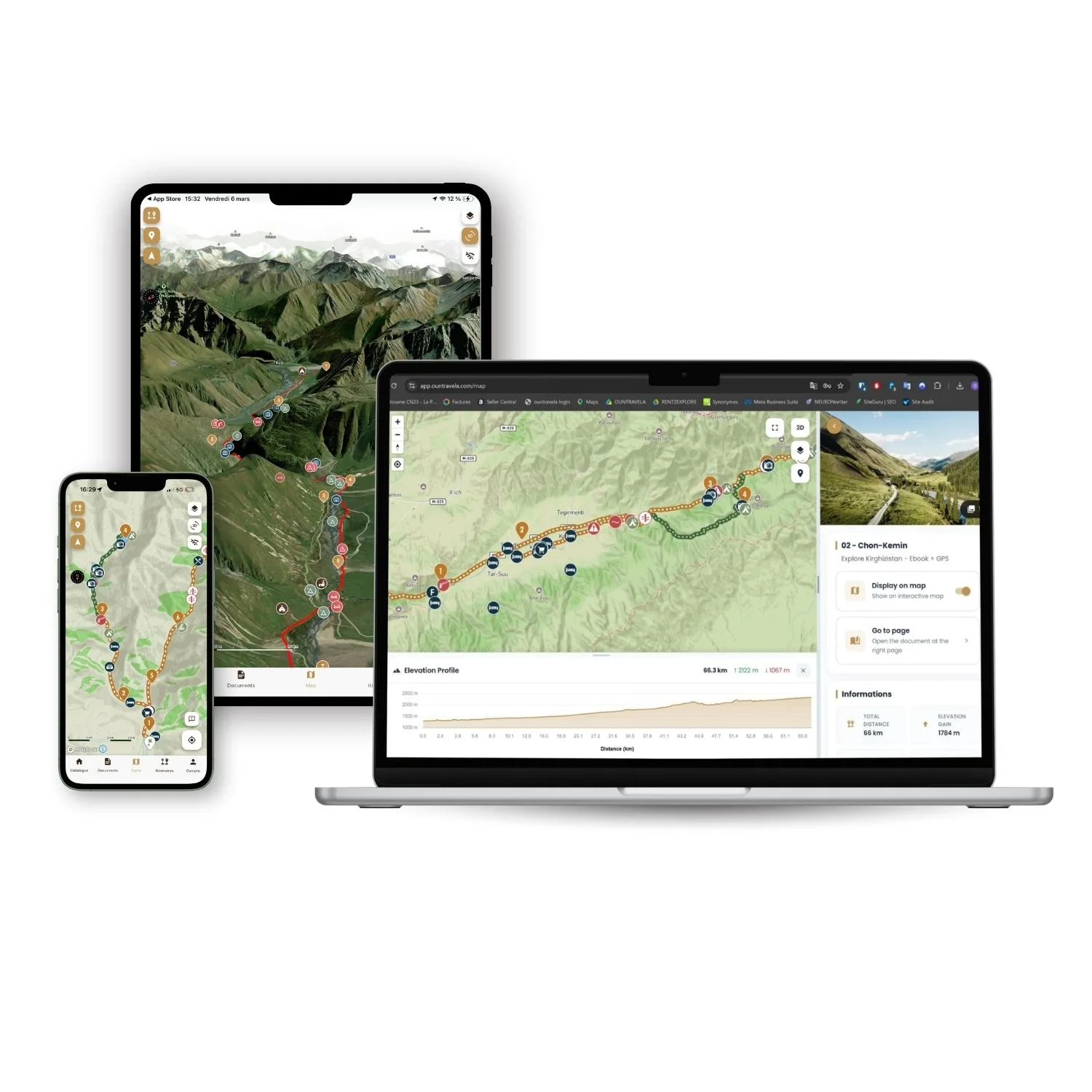 Traces GPS Kirghizistan affiche des cartes topographiques détaillées, des itinéraires de randonnée et des icônes de navigation sur les smartphones, les tablettes et les ordinateurs portables, démontrant ainsi sa compatibilité avec de nombreux appareils numériques.