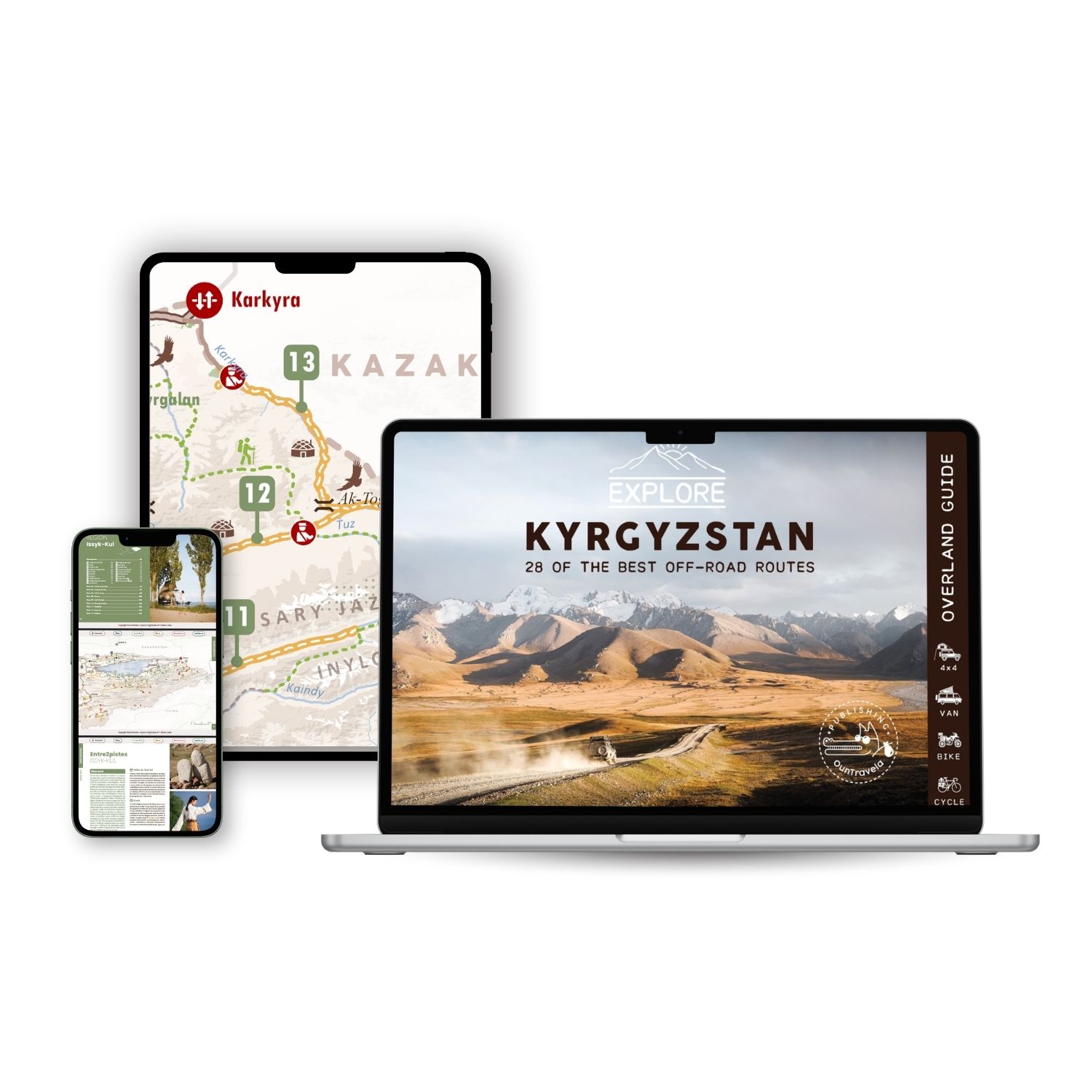A smartphone, a tablet, and a laptop display digital maps and the “Ebook Explore Kyrgyzstan,” which features scenic mountain routes with guides in French.