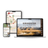 The Explore Kyrgyzstan Ebook is presented on smartphones, tablets and laptops, with a picturesque mountain route, maps of Kyrgyzstan and a text in French: "Explore Kyrgyzstan - Les 28 plus belles pistes.