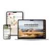 OunTravela - Page d'accueil 14 L'Ebook Explore Kirghizistan est présenté sur un smartphone, une tablette et un ordinateur portable, avec une route de montagne pittoresque, des cartes du Kirghizistan et un texte en français : "Explore Kirghizistan - Les 28 plus belles pistes.