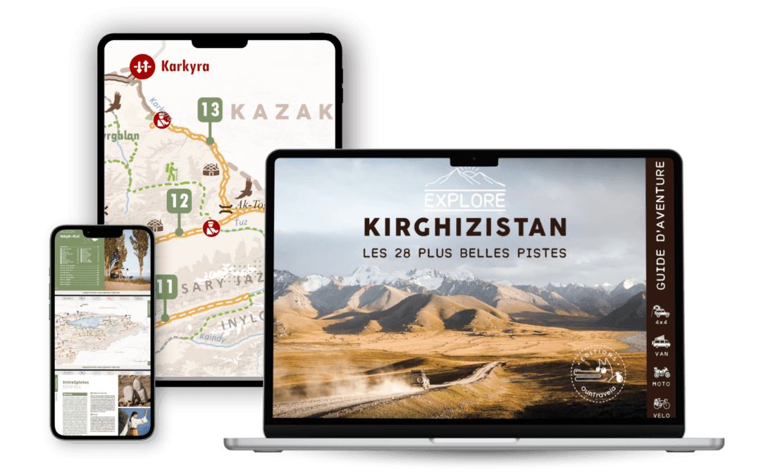 L'Ebook Explore Kirghizistan est présenté sur un smartphone, une tablette et un ordinateur portable, avec une route de montagne pittoresque, des cartes du Kirghizistan et un texte en français : "Explore Kirghizistan - Les 28 plus belles pistes.