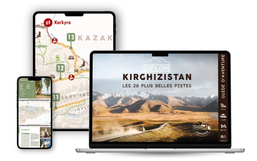 L'Ebook Explore Kirghizistan est présenté sur un smartphone, une tablette et un ordinateur portable, avec une route de montagne pittoresque, des cartes du Kirghizistan et un texte en français : "Explore Kirghizistan - Les 28 plus belles pistes.