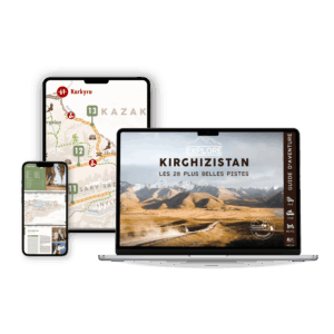 Explore Namibia Travel Guide 52 The Explore Kyrgyzstan Ebook is presented on smartphones, tablets and laptops, with a picturesque mountain route, maps of Kyrgyzstan and a text in French: "Explore Kyrgyzstan - Les 28 plus belles pistes.
