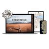 Ein Laptop zeigt das Ebook Explore Kirgisistan mit einem Geländewagen in einer weiten Landschaft. Ein Tablet und ein Smartphone zeigen detaillierte Karten an. Auf der linken Seite der Szene ist ein "Aktualisiert"-Schild zu sehen.