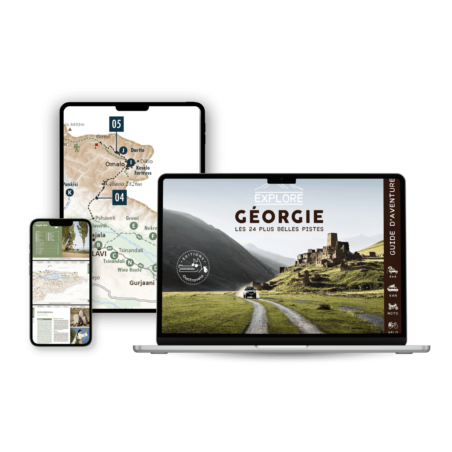 Ebook Explore Géorgie 1 Trois appareils affichent le contenu de la Géorgie : un smartphone affiche un article, une tablette présente l'Ebook Explore Géorgie avec une carte, et un ordinateur portable affiche une photo de voiture panoramique près de ruines intitulée "Explore Géorgie".