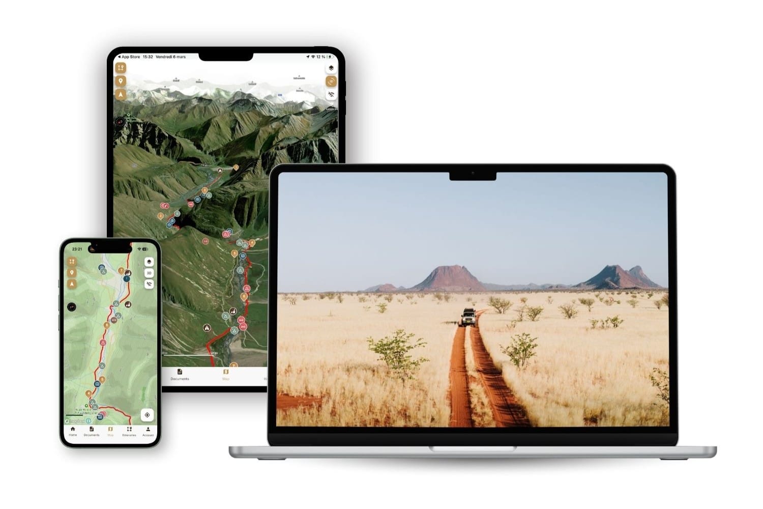 DETAILED MAPS - 14 Un smartphone, une tablette et un ordinateur portable affichant des cartes ainsi qu'une photo de paysage représentant un véhicule dans le désert, pour le Guide de voyage Explore Namibie.