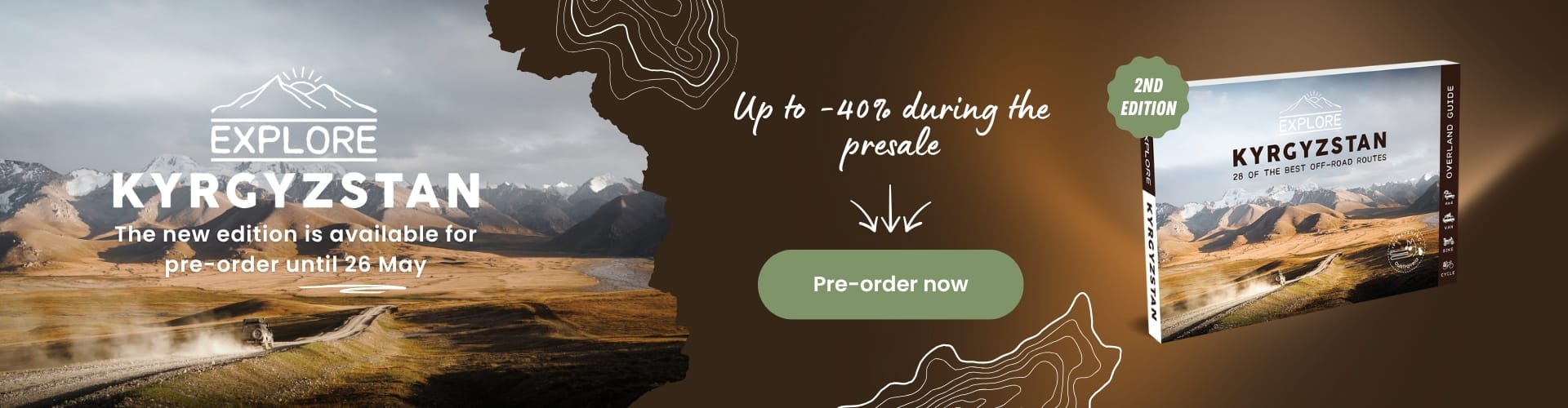 Promotional banner for a travel book Exploring Kyrgyzstan with mountain landscapes, offering a pre-order discount of up to 40% before May 26. A green "Pre-order" button is present. The text is in French.