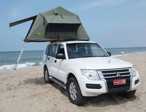 A white SUV with a rooftop tent and attached ladder is parked on a sandy beach near the ocean under a clear sky.