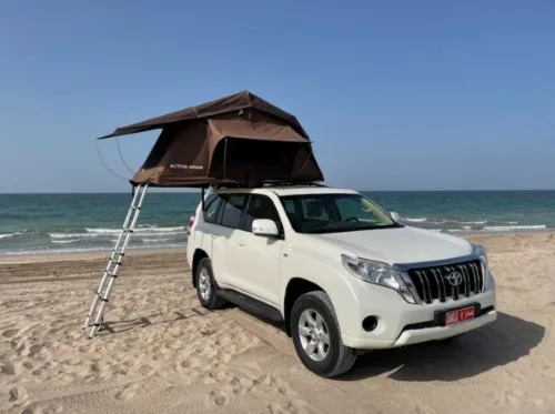 A white SUV parked on a sandy beach with a brown rooftop tent and ladder set up. The ocean and clear sky are visible in the background.