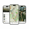 OunTravela - Page d'accueil 30 Trois smartphones présentent l'application "Traces GPS Géorgie" avec des cartes, des itinéraires, des données d'altitude et des traces GPS pour la randonnée en Géorgie. Les écrans affichent des sentiers, des points de repère et des icônes de navigation sur des cartes de terrain détaillées.