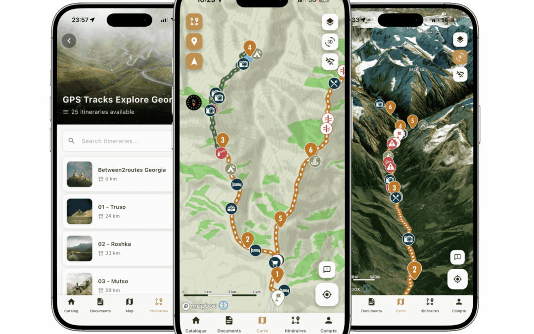 Trois smartphones présentent l'application "Traces GPS Géorgie" avec des cartes, des itinéraires, des données d'altitude et des traces GPS pour la randonnée en Géorgie. Les écrans affichent des sentiers, des points de repère et des icônes de navigation sur des cartes de terrain détaillées.