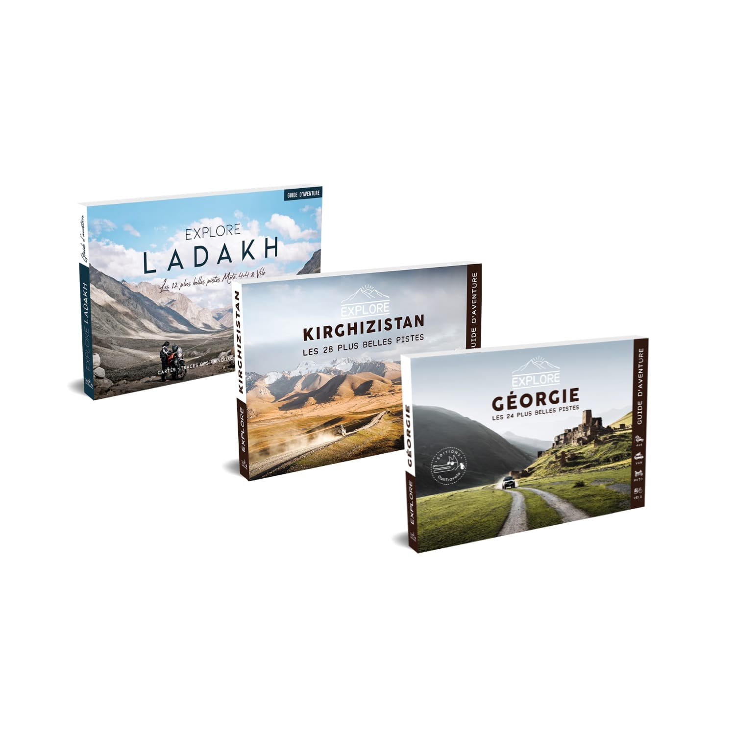 guide-explore-FR Trois guides de voyage d'aventure consacrés au Ladakh, au Kirghizistan et à la Géorgie, présentés en biais, à l'instar d'un Guide de voyage Explore Namibie, chacun arborant une photographie de paysage en couverture.