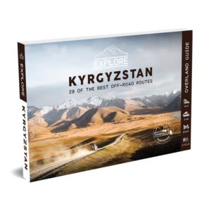 Boxed set entitled Kyrgyzstan: LES 28 PLUS BELLES PISTES depicting a landscape of mountains and grassy plains, with a cyclist on a path. The box is labeled Explore and described as an adventure guide.