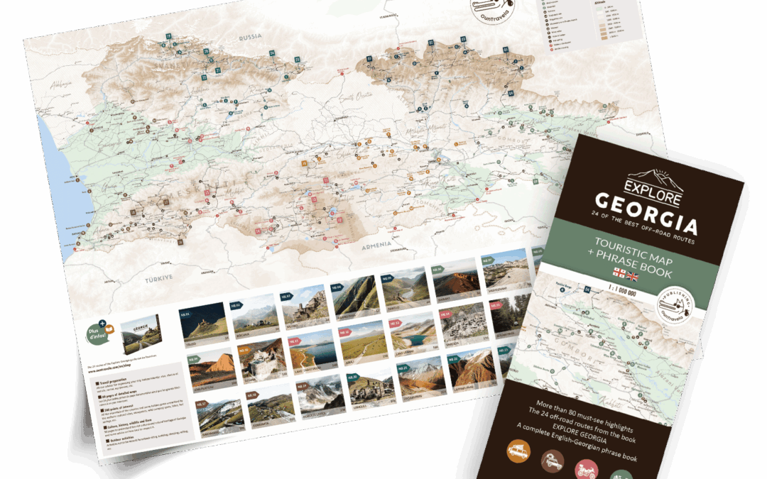 Die Touristenkarte A2 Georgien ist eine gefaltete Touristenkarte und eine Broschüre mit detaillierten Karten, Symbolen zur Kennzeichnung von Sehenswürdigkeiten, Vignetten und deutschen Beschreibungen von Attraktionen in Georgien und im Kaukasus.