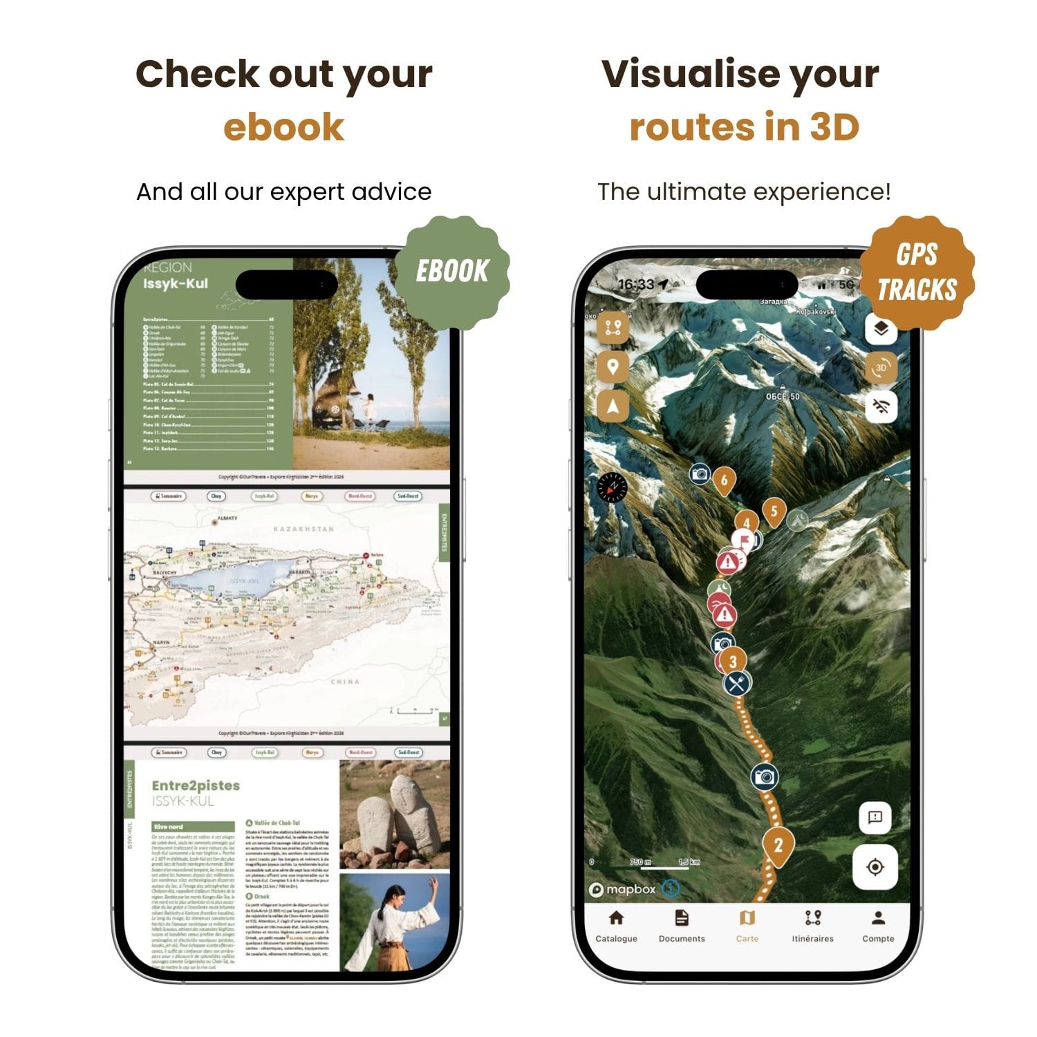 Two smartphones display travel app screens: on the left, an e-book with maps and tips, and on the right, a 3D map with a GPS route. The French text above highlights the ebook's tips and 3D route visualization functions.