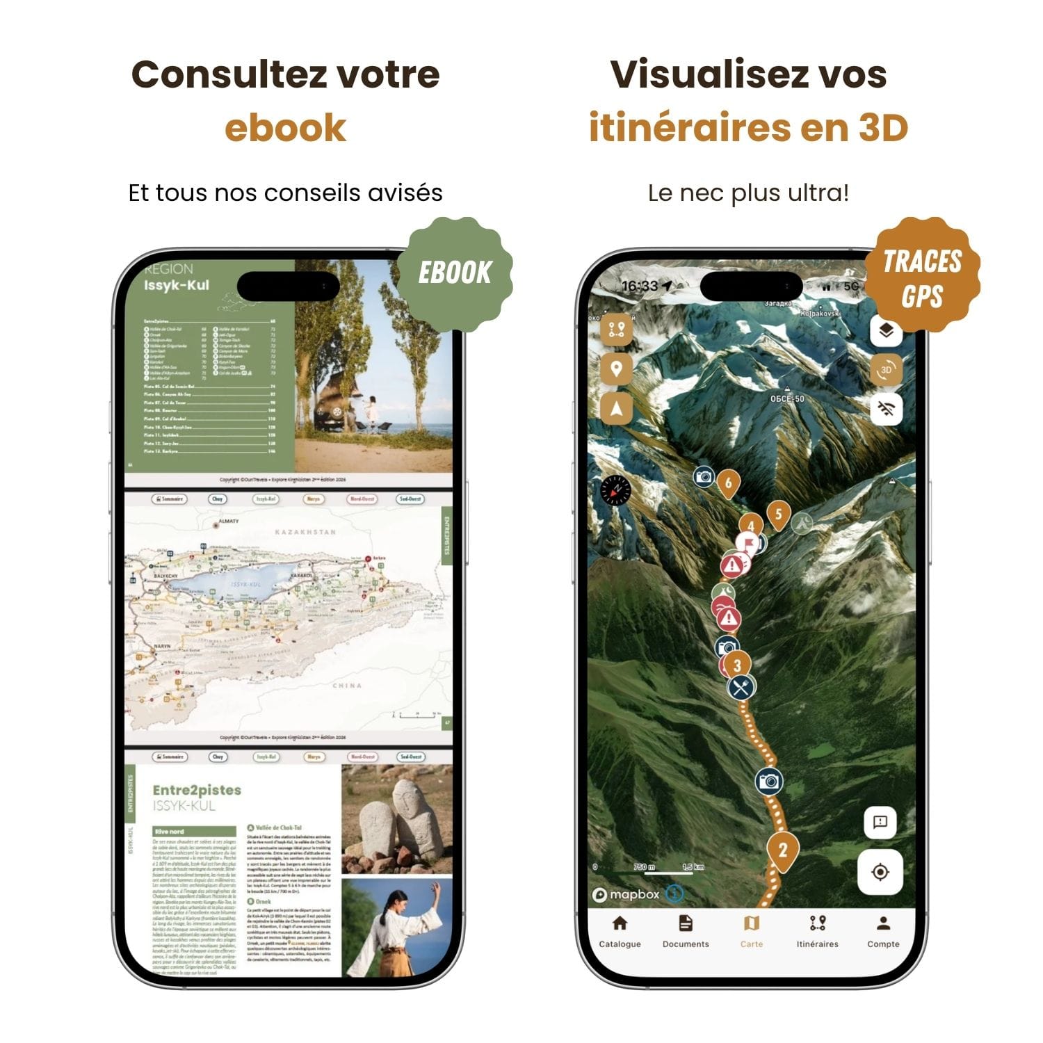 Deux smartphones affichent des écrans d'applications de voyage : à gauche, un livre électronique avec des cartes et des conseils, et à droite, une carte en 3D avec un itinéraire GPS. Le texte en français ci-dessus met en évidence les conseils de l'ebook et les fonctions de visualisation de l'itinéraire en 3D.