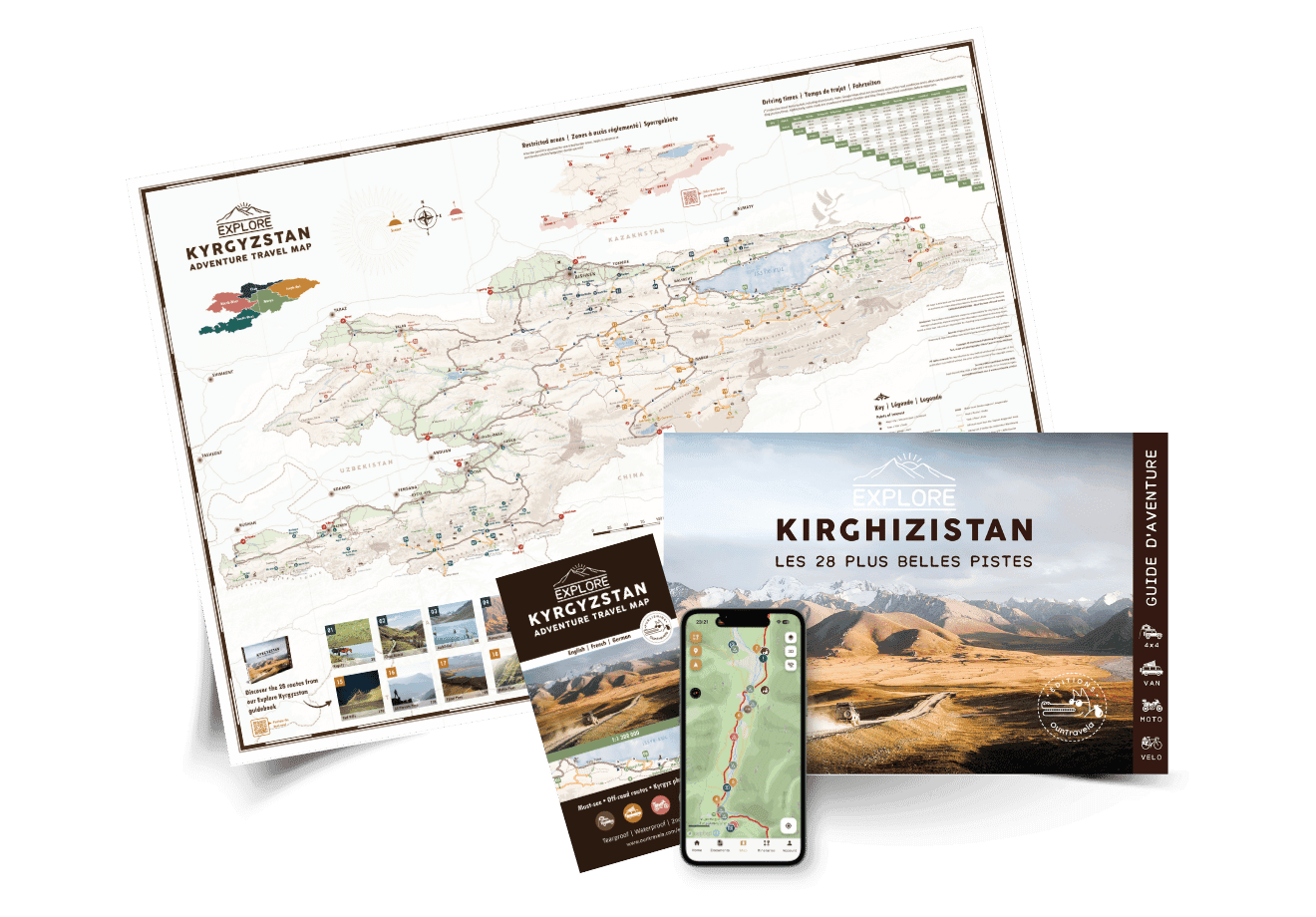 A collection of adventure travel gear for Kyrgyzstan, including a detailed map, a guidebook entitled Kyrgyzstan: The 28 Most Beautiful Trails, a postcard and a smartphone showing an itinerary.