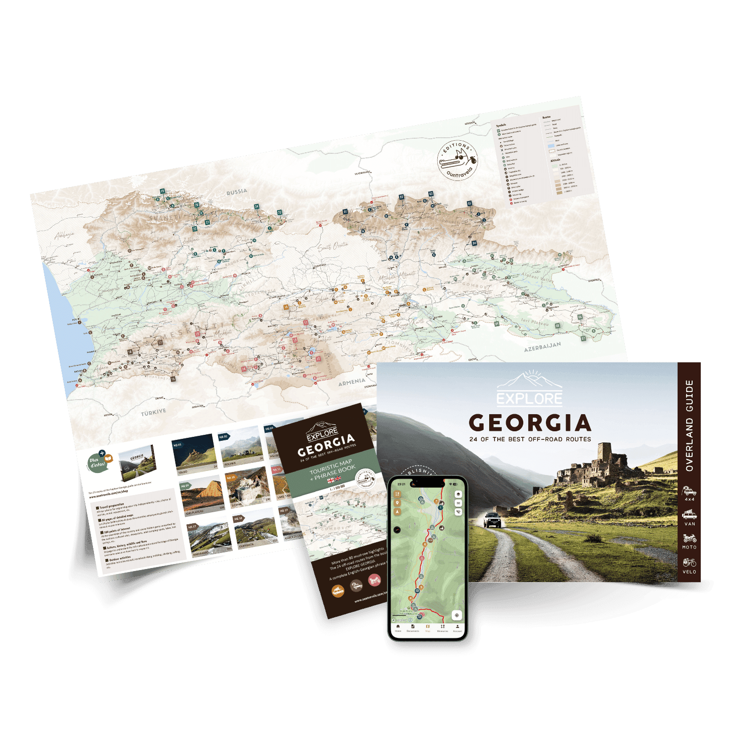 Ein Set mit Reisedokumenten für Georgien, bestehend aus einer detaillierten Karte, Broschüren, einer Broschüre mit dem Titel Explore Georgia und einem Smartphone mit einer Karte, alles auf einer weißen Fläche angeordnet.