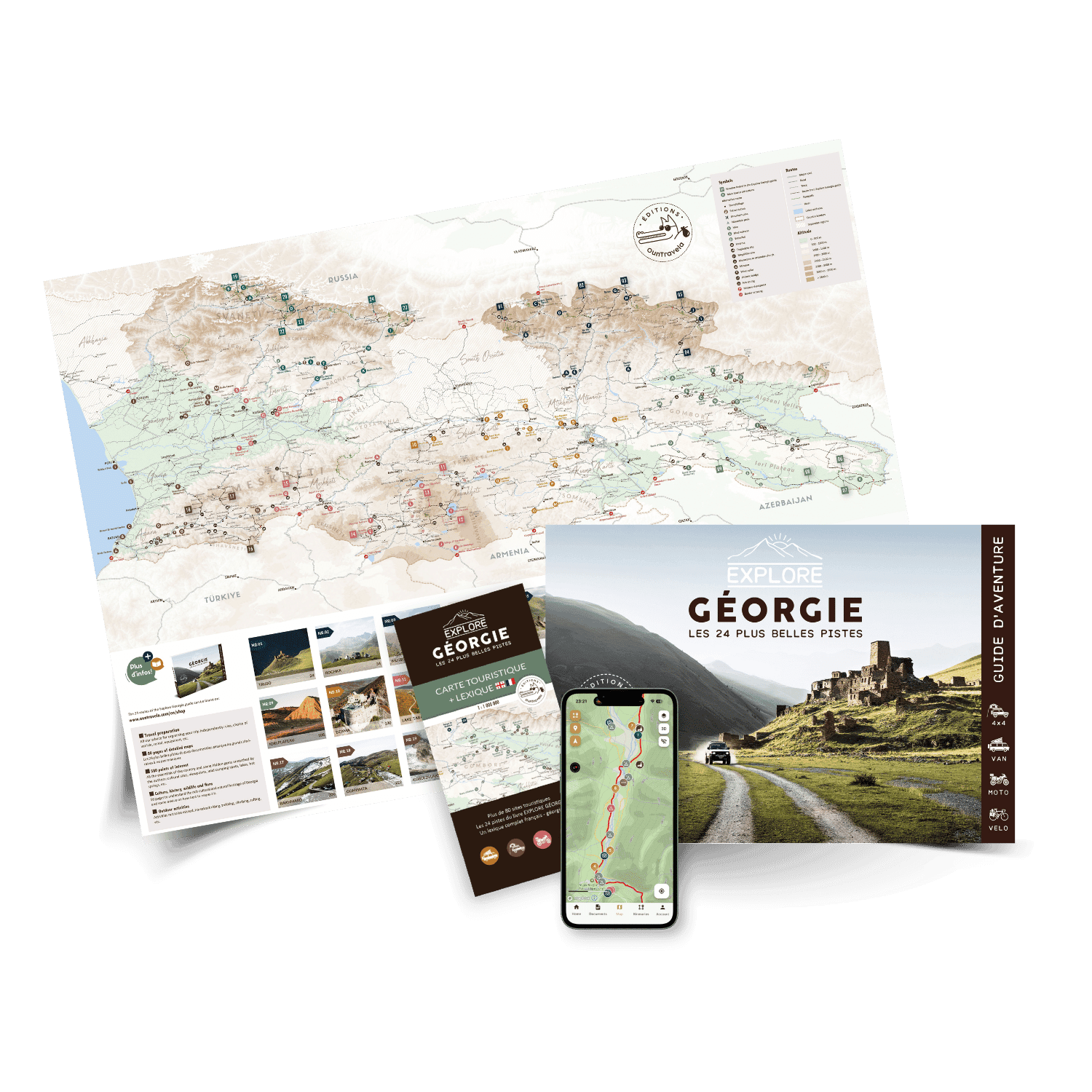 pack-integral-GE-FR Un ensemble de documents de voyage pour la Géorgie, comprenant une carte détaillée, des brochures, un livret intitulé Explore Géorgie, et un smartphone affichant une carte, le tout disposé sur une surface blanche.
