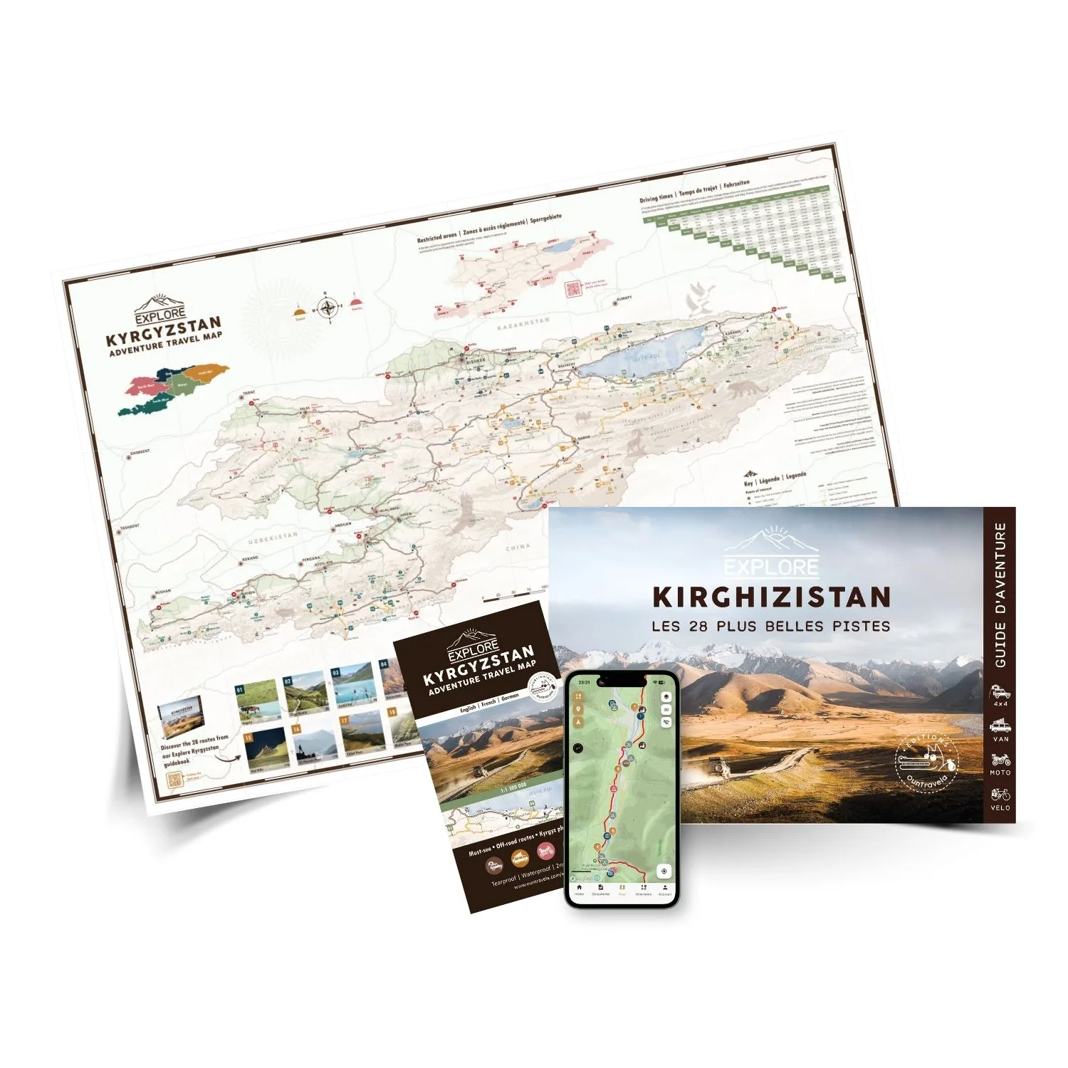 Une collection de documents de voyage pour le Kirghizistan, comprenant une carte détaillée, un guide, une brochure et un smartphone affichant une application cartographique, tous promouvant des itinéraires pittoresques dans la région.