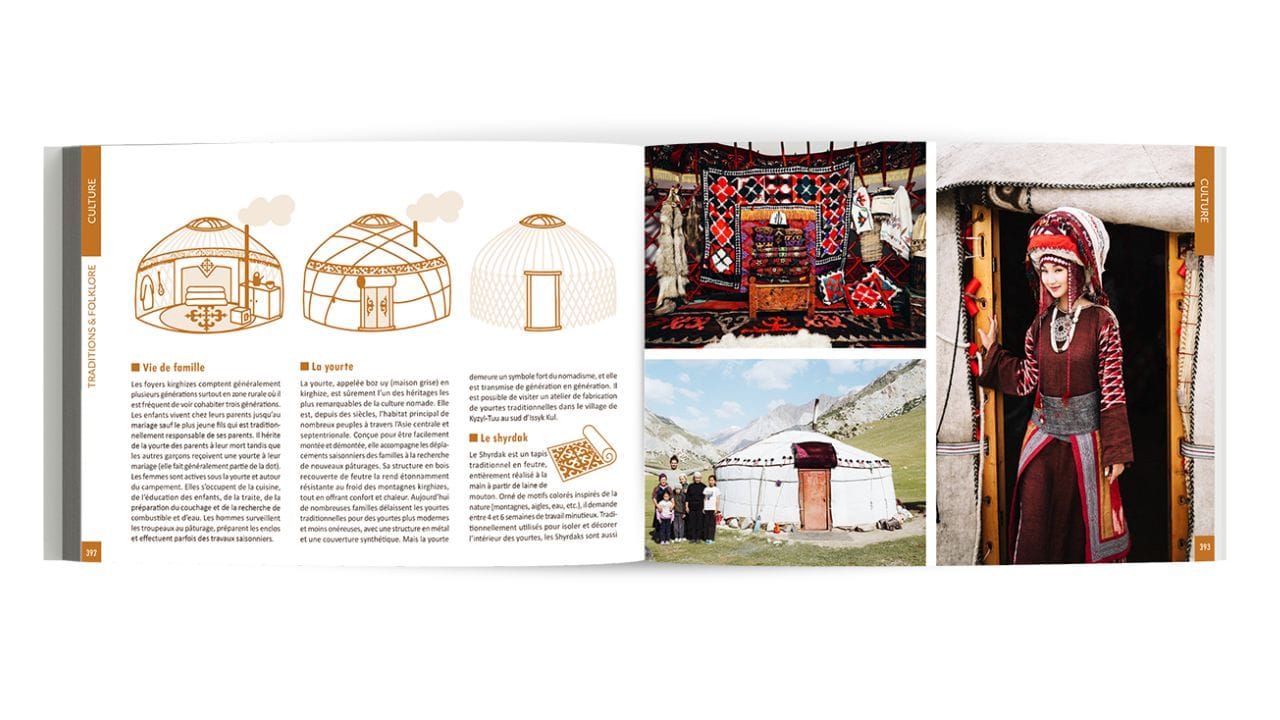 Un livre ouvert présentant des illustrations et du texte sur les yourtes sur la page de gauche, et des photos de yourtes colorées, de textiles traditionnels et d'une personne en costume traditionnel sur la page de droite.